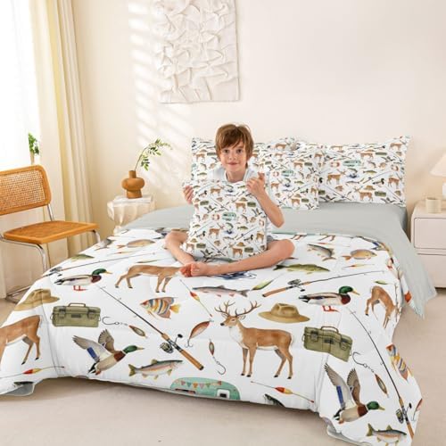 Erosebridal Hunting and Fishing 7 Piece Bed in A Bag Queen Comforter Set Mallard Duck Deer Hunting Bedding Set Boys Bass Fish Camper Car Sheet Set with Comforter Rustic Cabin Lake House Wild Quilt