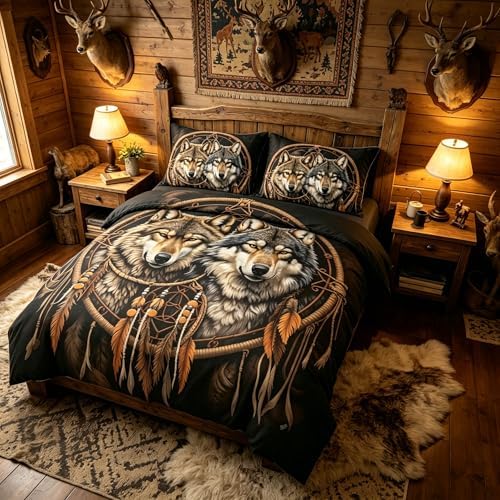 CCoutueChen Brown Wolf Bedding Set Full Size, Cabin Lodge Comforter Boho Dream Catcher Pattern- Lightweight All Season Comforter, 3 Pieces, 2 Pillowcases