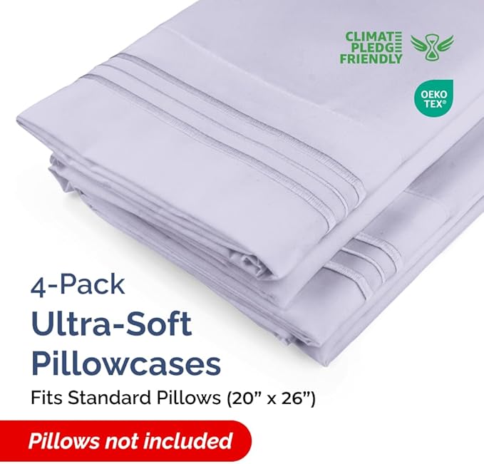 Standard Pillow Cases Set of 4 - Soft Hotel Quality Pillowcase Covers - Comfy Bedding for Women, Men, Kids & Teens - Machine Washable Pillow Protectors - 4 Piece Set - Standard Size Light Lavender