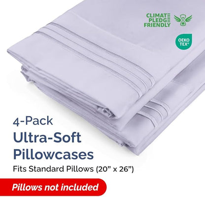 Standard Pillow Cases Set of 4 - Soft Hotel Quality Pillowcase Covers - Comfy Bedding for Women, Men, Kids & Teens - Machine Washable Pillow Protectors - 4 Piece Set - Standard Size Light Lavender