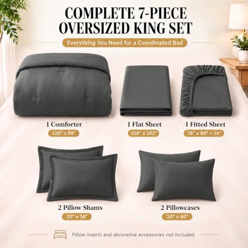 CozyLux Oversized King Comforter Set Dark Grey, 7 Pieces Bed in a Bag