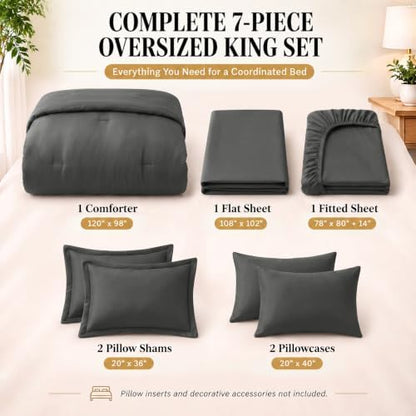 CozyLux Oversized King Comforter Set Dark Grey, 7 Pieces Bed in a Bag