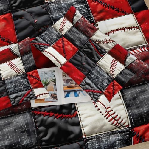 Red and Black Plaid Comforter Set King，Baseball Bedding Set King Red and Black，Sport Quilt for Boys，with 1 Comforter with 2 Pillow Case