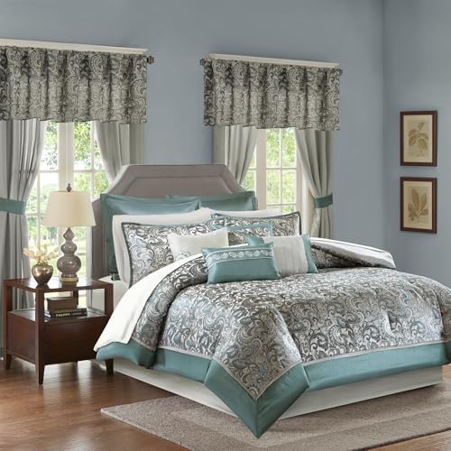 Madison Park Jacquard Paisley Cal King Faux Silk Comforter Set, 24pc,Teal