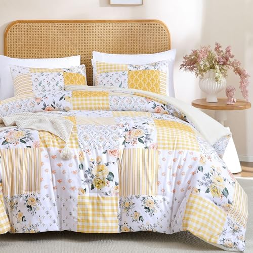 YIKUSH Yellow Floral Queen Comforter Set, Soft Lightweight All Season Bedding Set for Women Girls, Cozy Cottagecore Botanical Comforter Queen Size with 2 Pillow Shams, Breathable Floral Bed Set