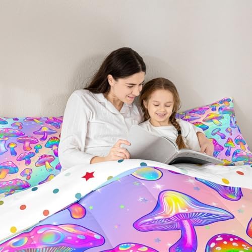 Mushroom Comforter Set Colorful Hippie Style Mushroom Bedding for Boys Girls Blue Purple Gradient Bedding Comforter Sets Exotic Botanical Plants Fungi Decor Duvet Insert Halloween Themed Quilt Full