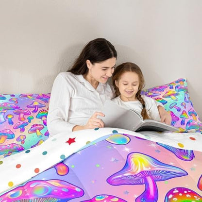 Mushroom Comforter Set Colorful Hippie Style Mushroom Bedding for Boys Girls Blue Purple Gradient Bedding Comforter Sets Exotic Botanical Plants Fungi Decor Duvet Insert Halloween Themed Quilt Full