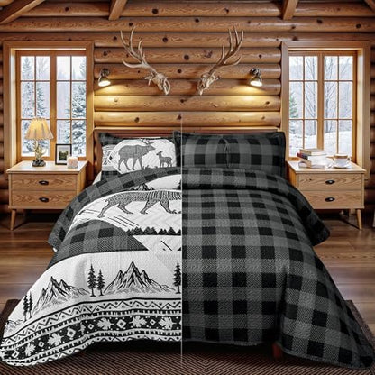 3 Piece Cabin Full/Queen Quilt Sets Farmhouse Rustic Reversible Microfiber Soft Lightweight Bedspread Comforter with 2 Shams Patchwork Country Lodge Bedding Quilts Set for All Season, 90''x96'', Grey