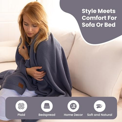 Dalisa 100% Organic Turkish Cotton Throw Blanket - GOTS Certified, Cozy - Perfect for Couch, Bed, and Home Decor - Boho Vintage Knit Alina (Grey Blue, 60x80)