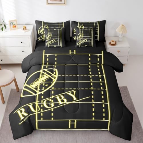 Sport Bedding King Size 7-Piece Soccer Comforter Set for Boys, Black Yellow Bedding Comforter Sets Gold Gradient Neon Bed in a Bag, Football Themed Bedding Accessories Breathable (Black Reversible)