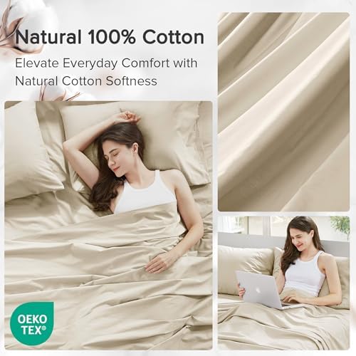 Comfort Spaces 100% Cotton Percale Sheets Twin XL Sheet Set 3 Pcs, Cream