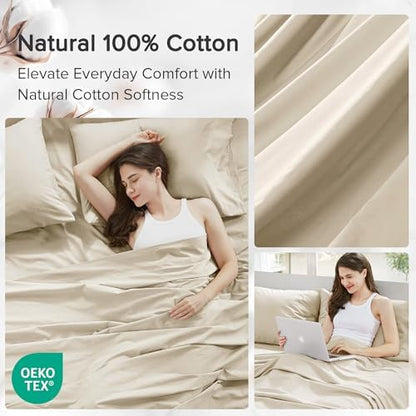 Comfort Spaces 100% Cotton Percale Sheets Twin XL Sheet Set 3 Pcs, Cream