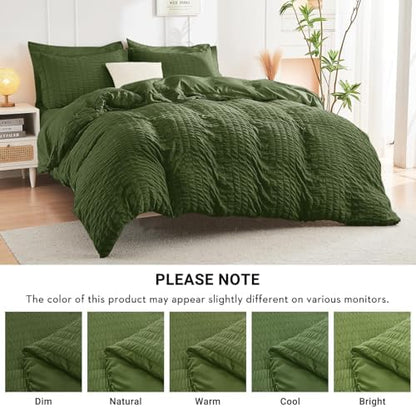 HYMOKEGE Olive Green King Size Comforter Set Seersucker 7 Pieces, All Season Luxury Bed in a Bag for Bedroom, Bedding Set with Comforter, Sheets, Pillowcases & Shams