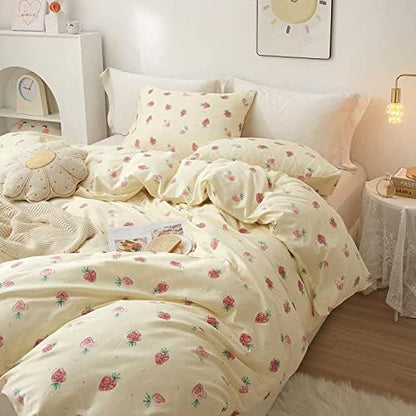 LifeTB Cute Strawberry Duvet Cover Queen 3 Pieces Strawberry Bedding Set Kawaii Bedroom Decor 100% Cotton Comforter Cover Kids Teen Girls Fruit Bedding Duvet Cover with 2 Pillowcases, Cream White