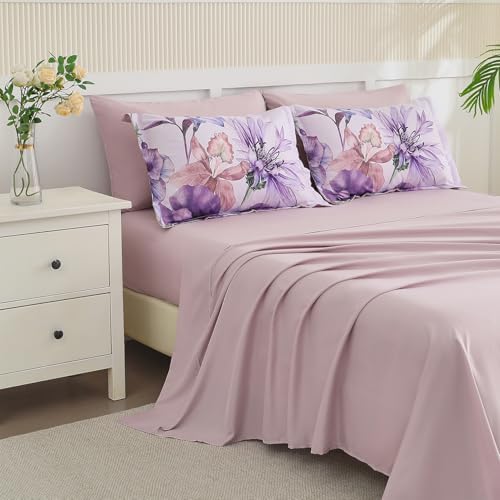 Yogeneg King Size Comforter Set 7 Piece Bed in a Bag,Elegant Floral Botanical Pattern Purple Bedding Set,Soft Microfiber Comforter with Sheet Set,All Season Bed Set(Purple Floral,King)
