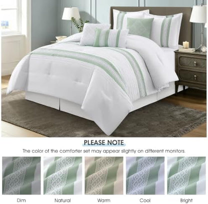 LANCO MODERN LIFESTYLE 7 Piece Comforter Set, Sage White, King Size, Boho Style Geometric Microfiber Embroidery, Bed in a Bag with Bedskirt, Pillow Shams and Decor Pillows