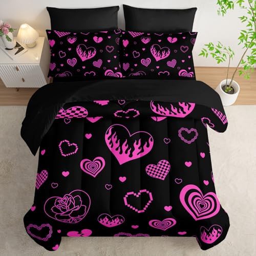 7Pcs Heart Comforter Set Pink Rose Printed Bedding Set with 1 Comforter, 1 Flat Sheet, 1 Fitted Sheet and 4 Pillowcases for Boys and Girls Bedroom All Season(Rose-2 Queen