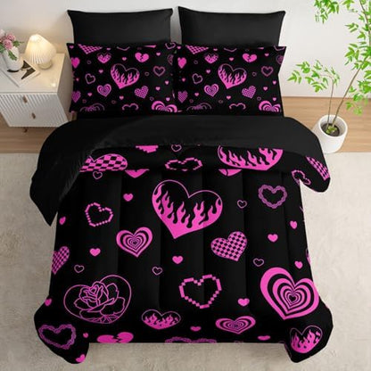7Pcs Heart Comforter Set Pink Rose Printed Bedding Set with 1 Comforter, 1 Flat Sheet, 1 Fitted Sheet and 4 Pillowcases for Boys and Girls Bedroom All Season(Rose-2 Full