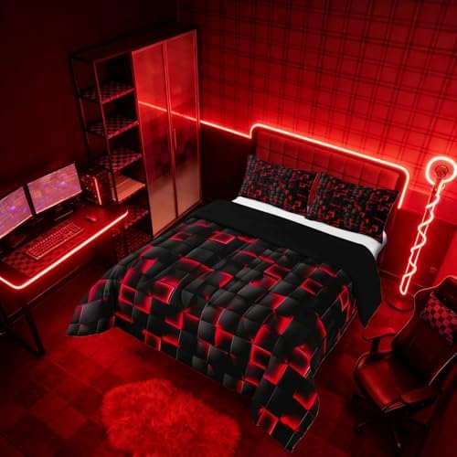 Erosebridal Boys Red and Black Comforter Set Queen Geometric Checkered Kids Bedding Set Teen Men Gaming Room Decor,Abstract Ombre Plaid Comforter Grids Quilt Duvet