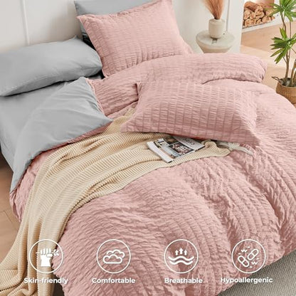 HYMOKEGE Rose Gold/Light Grey California King Comforter Set Seersucker 7 Pieces, All Season Luxury Bed in a Bag for Bedroom, Bedding Set with Comforter, Sheets, Pillowcases & Shams