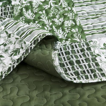 Litanika Floral Sage Quilt Queen - 3Pcs Botanical Birds Bedding Set