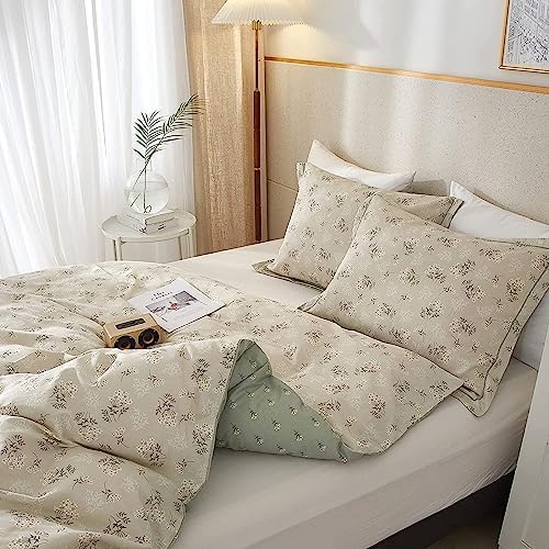 LifeTB Boho Floral Duvet Cover Full Cotton Aesthetic Floral Bedding Sets Full Vintage Garden Floral Comforter Cover Beige Sage Green Floral Botanical Duvet Cover with Zipper Closure 4 Ties