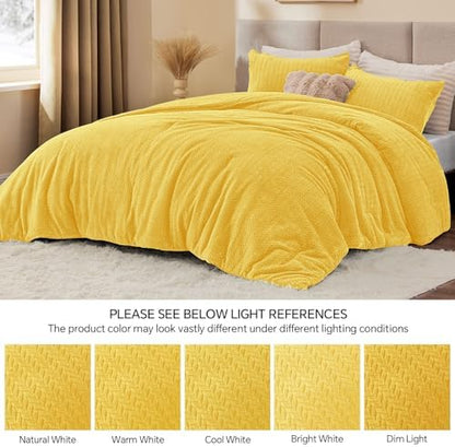 ChiXpace Fleece King Size Comforter Set Yellow, Fluffy Bed Set 3 Pieces