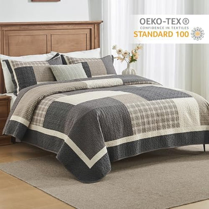 Finlonte 100% Cotton King Quilt Set, Farmhouse Plaid Queen Quilted Bedspread, Brown Beige Black Lightweight Comforter Bedding Set for All Season, 3-Piece