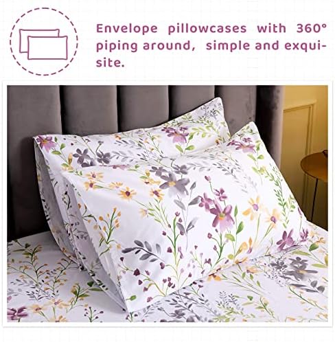 QSH Floral Queen Size Sheet Sets - Yellow Wild Flower Botanical Pattern Egyptian Cotton Printed Bedding Sheets Set Queen Size Bed Extra Breathable 4pcs Queen Sheet Set Deep Pocket 17.5"