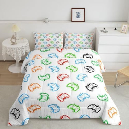 Castle Fairy Gaming Bed Comforter Set Queen Size,Modern Gamepad Super Soft Microfiber Bedding Set for Adults Teens,Colorful Graffiti Comforter Set,2 Pillowcases