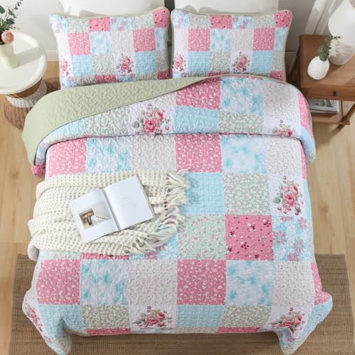 Mybedsoul Boho Quilt King Size, Patchwork Floral Bedding Set, Blue Pink