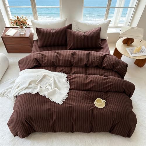 Striped Duvet Cover Set Full Size 3 Piece 100% Washed Cotton Linen Like Textured Bedding Comfy Breathable (Full, Double Stripe-Espresso Brown/Black)