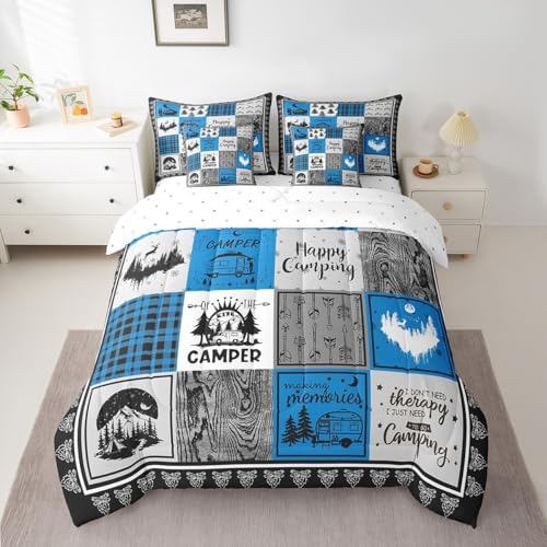 Erosebridal 7 Piece Rv Camper Queen Bed in a Bag,Kids Happy Camping Comforter Set Blue Buffalo Plaid Decor,Rustic Cabin Patchwork Bedding Set with Sheets,Travel Trailer Bed Set with Pillowcases