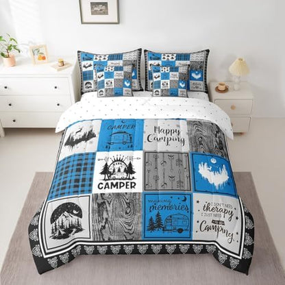 Erosebridal 7 Piece Rv Camper Queen Bed in a Bag,Kids Happy Camping Comforter Set Blue Buffalo Plaid Decor,Rustic Cabin Patchwork Bedding Set with Sheets,Travel Trailer Bed Set with Pillowcases