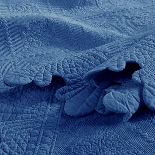 MarCielo 3-Piece 100% Cotton Oversized Bedspread Lightweight Quilt Coverlet Embroidery Farmhouse Bedding Set (Tk Midtone Blue, Oversized Queen (100"x106"))