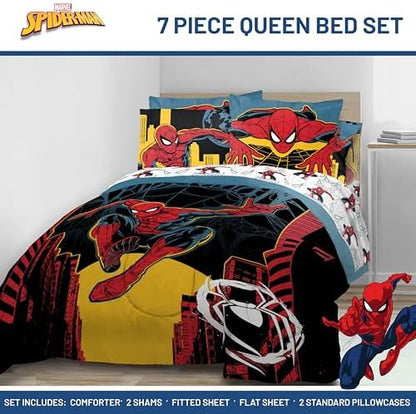 Jay Franco Kids Comforter Set Includes Sheets and Pillow Covers - Soft and Cozy Bed Set for Stylish Room Decor, Official Licensed Bedding, Black - Spiderman, 7 Piece Queen