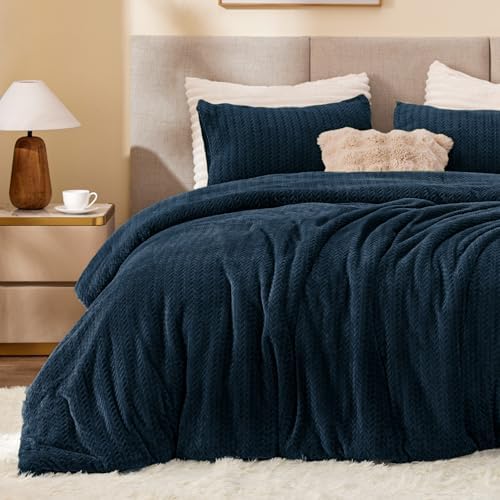 ChiXpace Fleece Full Size Comforter Set Navy, Fluffy Bed Set 3 Pieces