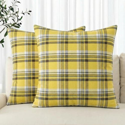 AVOIN colorlife Spring Summer Brown Yellow Plaid Decorative Throw Pillow Covers, 18 x 18 Inch Holiday Scottish Tartan Cushion Case Farmhouse Decoration for Sofa Couch Set of 2