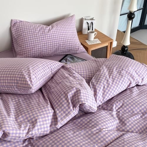mixinni Purple Gingham Comforter Set Full, Plaid Comforter Set 3 Pieces 1 Purple Grid Comfoter with 2 Pillow Cases for All Seasons, Soft Fluffy Modern Grid Pattern Printed Bedding-Full Size