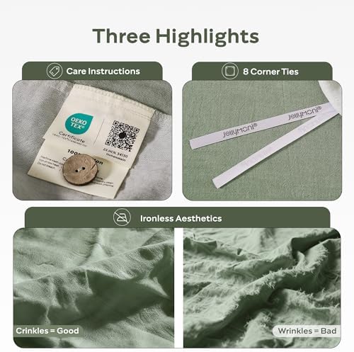 JELLYMONI Cotton Duvet Cover King Size - Sage Green Comforter Cover with Button 100% Washed Cotton 3PCS Breathable Soft Solid Bedding Set Duvet Cover 104×90in & 2 Pillowcases (NO Comforter)