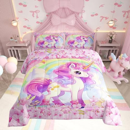 Cartoon Unicorn Kids Comforter Set Queen Size,Sakura Cherry Blossom Japanese Bedding Set,Girls Women Room Decor,Rainbow Unicorn Cute Down Comforter,Pink Purple Romantic Duvet Insert,2 Pillowcases