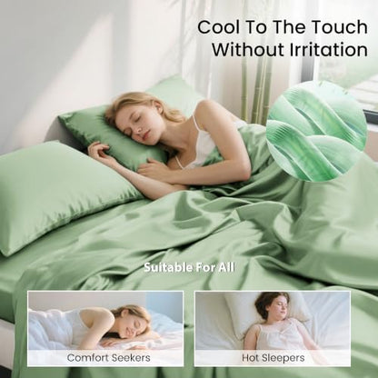 Love's cabin 4 Piece Full Size Sheet Set, 100% Rayon Derived from Bamboo, Cooling & Breathable, Soft Silky Deep Pocket up to 16", Hotel Luxury Bedding for Hot Sleepers, Sage Green