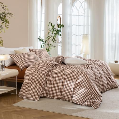 JIYUAN Super King Washed Cotton Duvet Cover Set,Classic Gingham