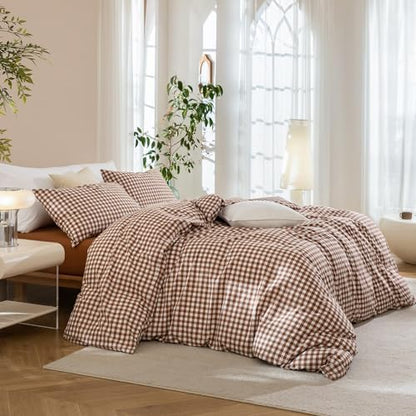 JIYUAN Super King Washed Cotton Duvet Cover Set,Classic Gingham