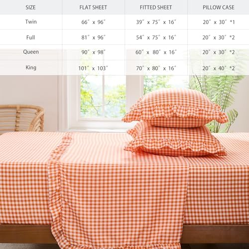 Gingham Twin Sheet Set, Lightweight Super Soft Brushed Microfiber Plaid Fall Bed Sheets with 16" Deep Pocket, 3 Piece Ruffle Farmhouse Bedroom Decor, Orange