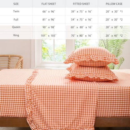 Gingham Twin Sheet Set, Lightweight Super Soft Brushed Microfiber Plaid Fall Bed Sheets with 16" Deep Pocket, 3 Piece Ruffle Farmhouse Bedroom Decor, Orange