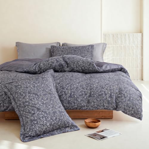 King Comforter Set 3 Pieces, 100% Cotton Charcoal Botanical Floral Bedding Set for All‑Season, Soft Reversible Comforter with 2 Pillow Shams