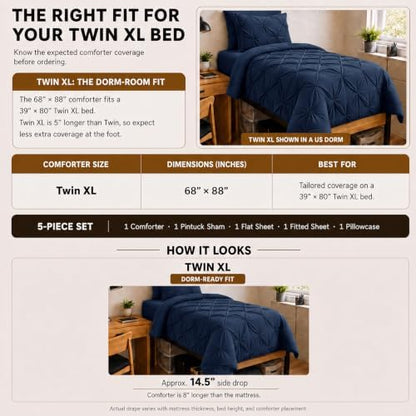 HIMEET Twin XL Comforter Set Navy Blue - 5 Pieces Pintuck Bed in a Bag