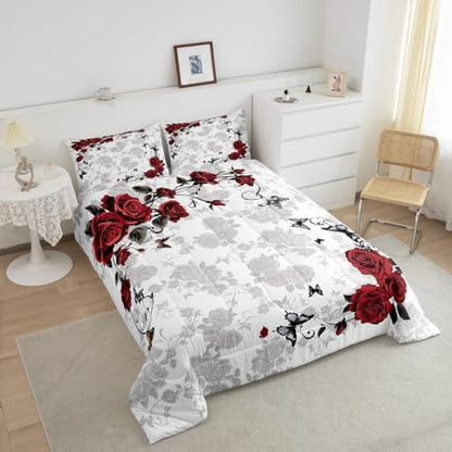 jejeloiu Red Black Rose Comforter Set Toddler Size Kids Vintage Floral Flower Bedding Set Boys Girls Botanical Leaves Duvet Breathable Blossom Plant Quilt Bedroom Decor,1 Comforter with 1 Pillowcase