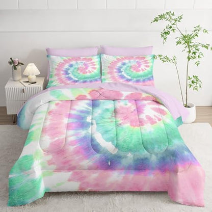 7Pcs Comforter Set Blue Pink Green Spiral Printed Bedding Set with 1 Comforter, 1 Flat Sheet, 1 Fitted Sheet and 4 Pillowcases for Boys and Girls Bedroom All Season(Spiral Twin)